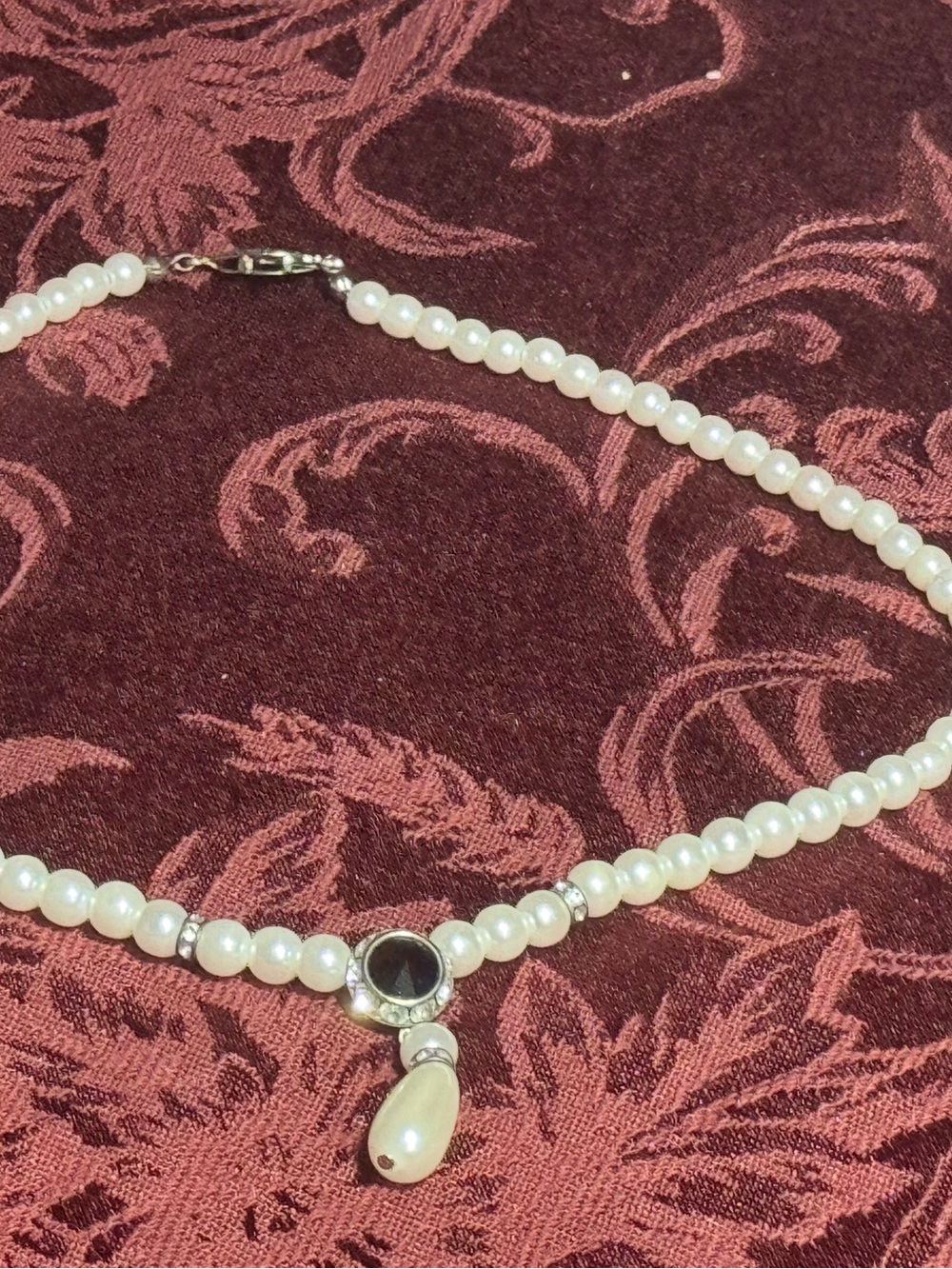 Faux Pearl Choker Antique Style Black Pendant Drop Necklace Goth Coquette
